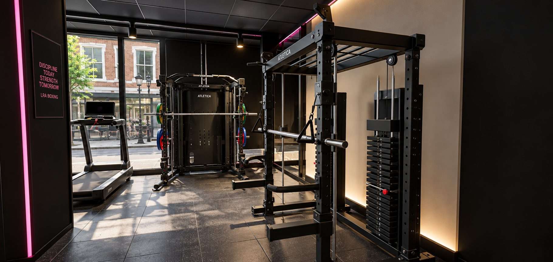 Squat racks and cable station in the G-Force strength area.